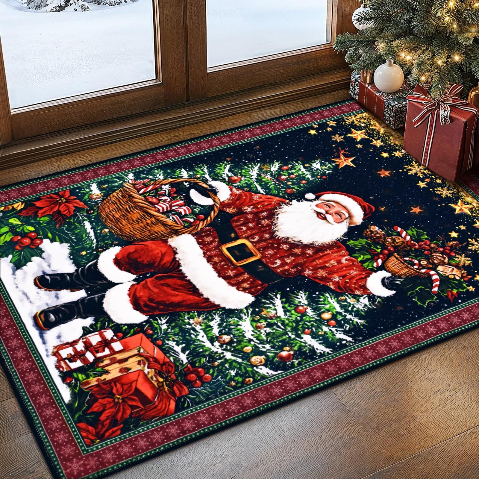 FRAMICS Christmas Area Rug 2×3 Washable Rug Non Slip, Santa Claus Door Mat Ou…