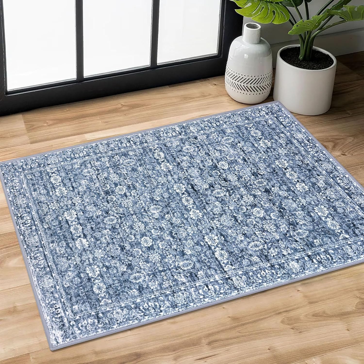 2X3 Washable Rugs for Entrance, Blue Soft Distressed Floral Area Rug, Slip-Resis