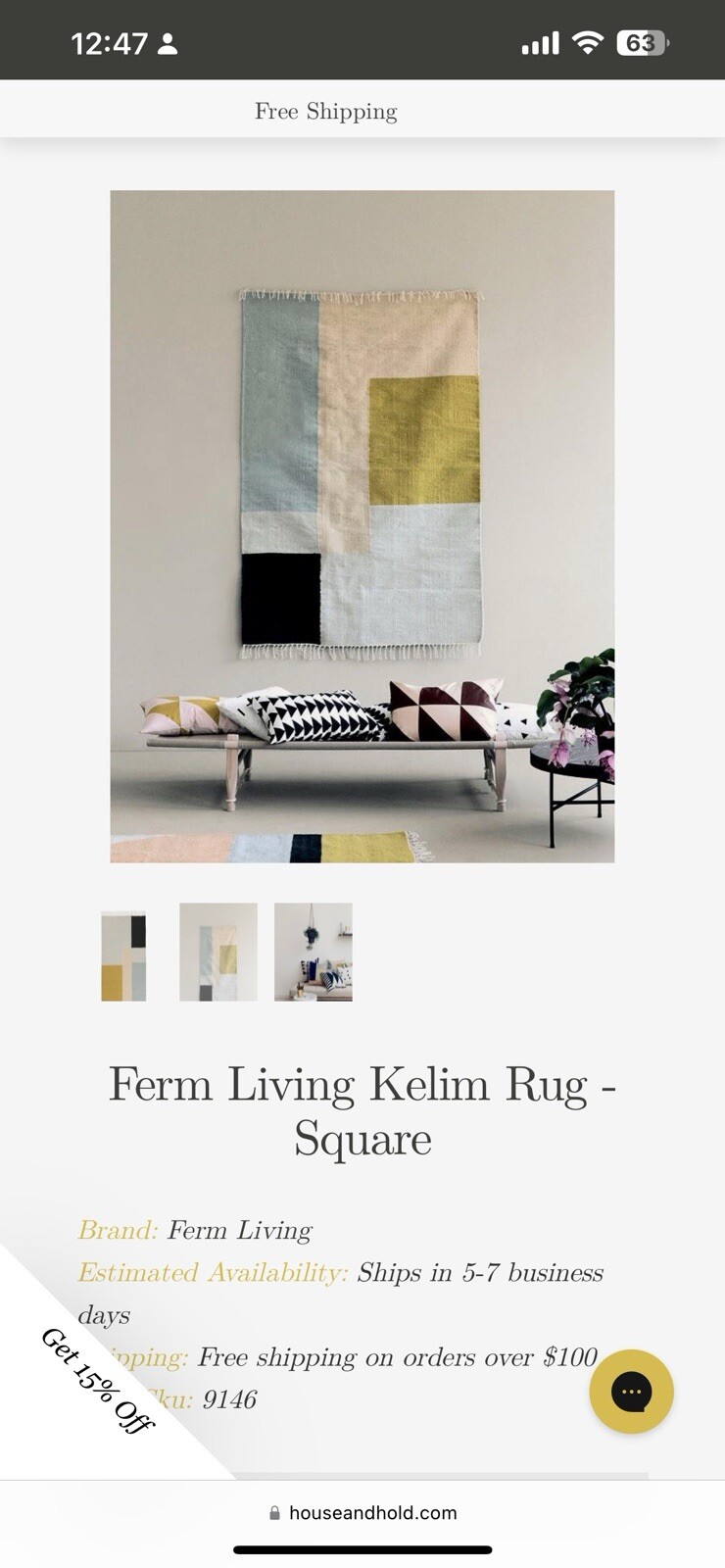 Ferm Living Kellim Rug – Squares – Medium – New Handmade Punja Hand Dyed Danish