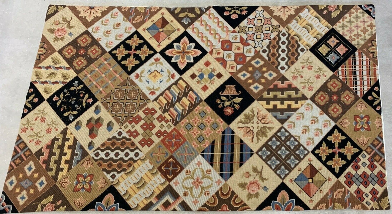 Multi-Block Sampler Hand-Needlepoint c.1960s Area Rug Sz: 60″ x 36.5″