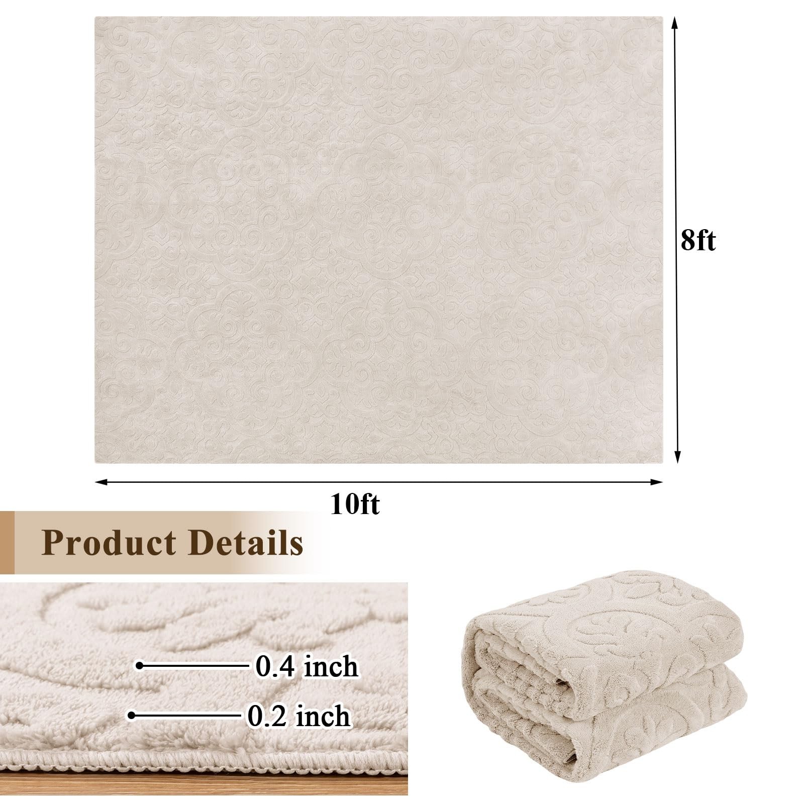 Washable Area Rug 8x10ft High-Low Pile 0.5/1cm Neutral Beige – Non Slip Soft