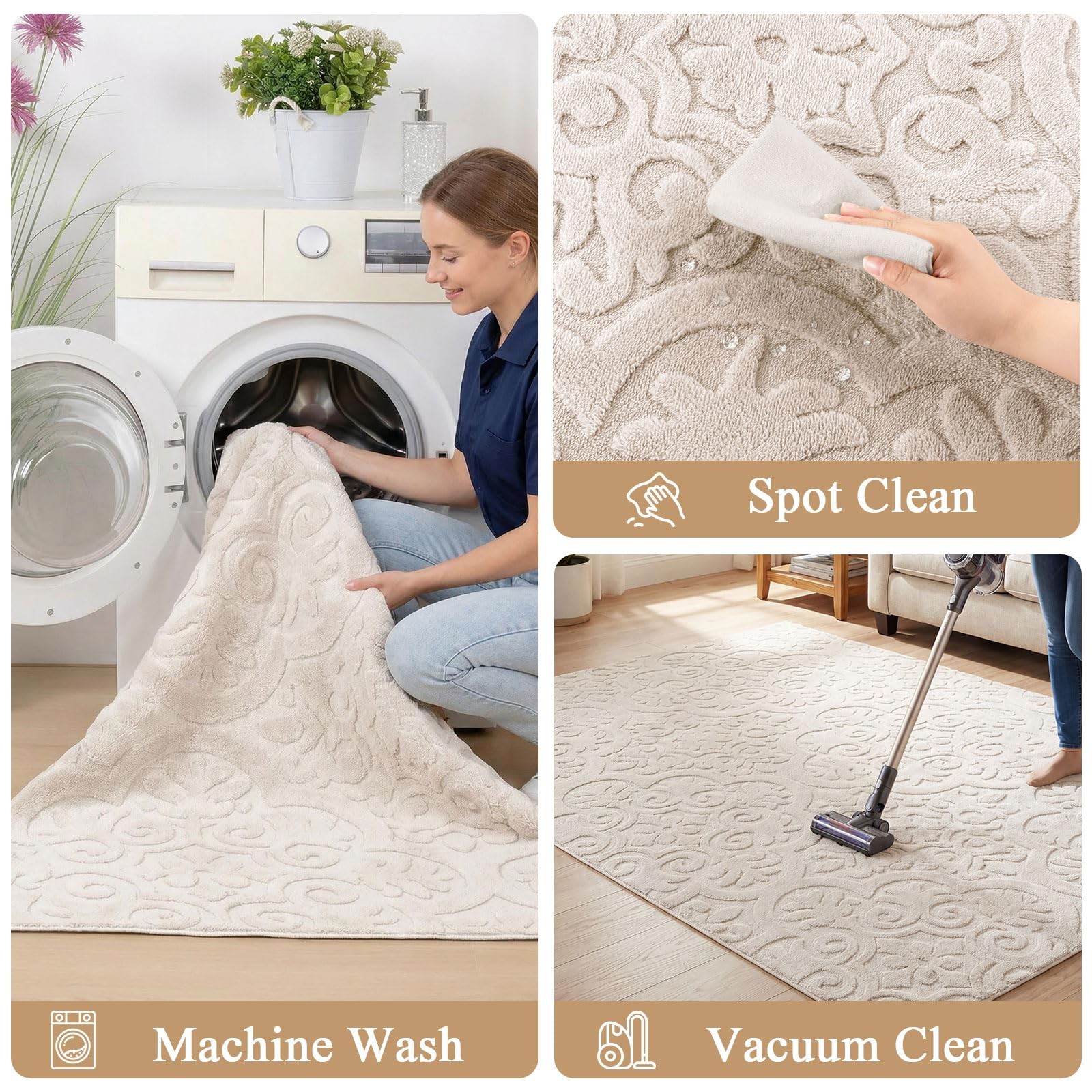Washable Area Rug 8x10ft High-Low Pile 0.5/1cm Neutral Beige – Non Slip Soft