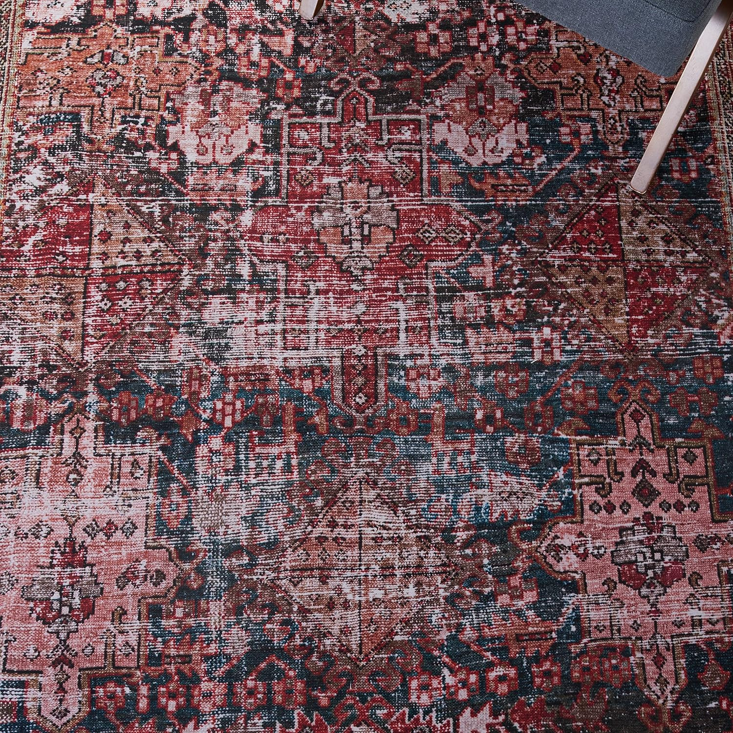 Washable Rug Tucson Collection – 8′ Square, Rust & Green, Slip Resistant & Easy