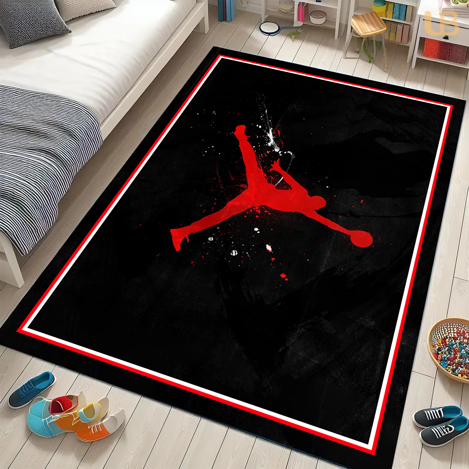 Stellar Retro Basketball Collage Rug – Hypebeast Red Black Floor Art