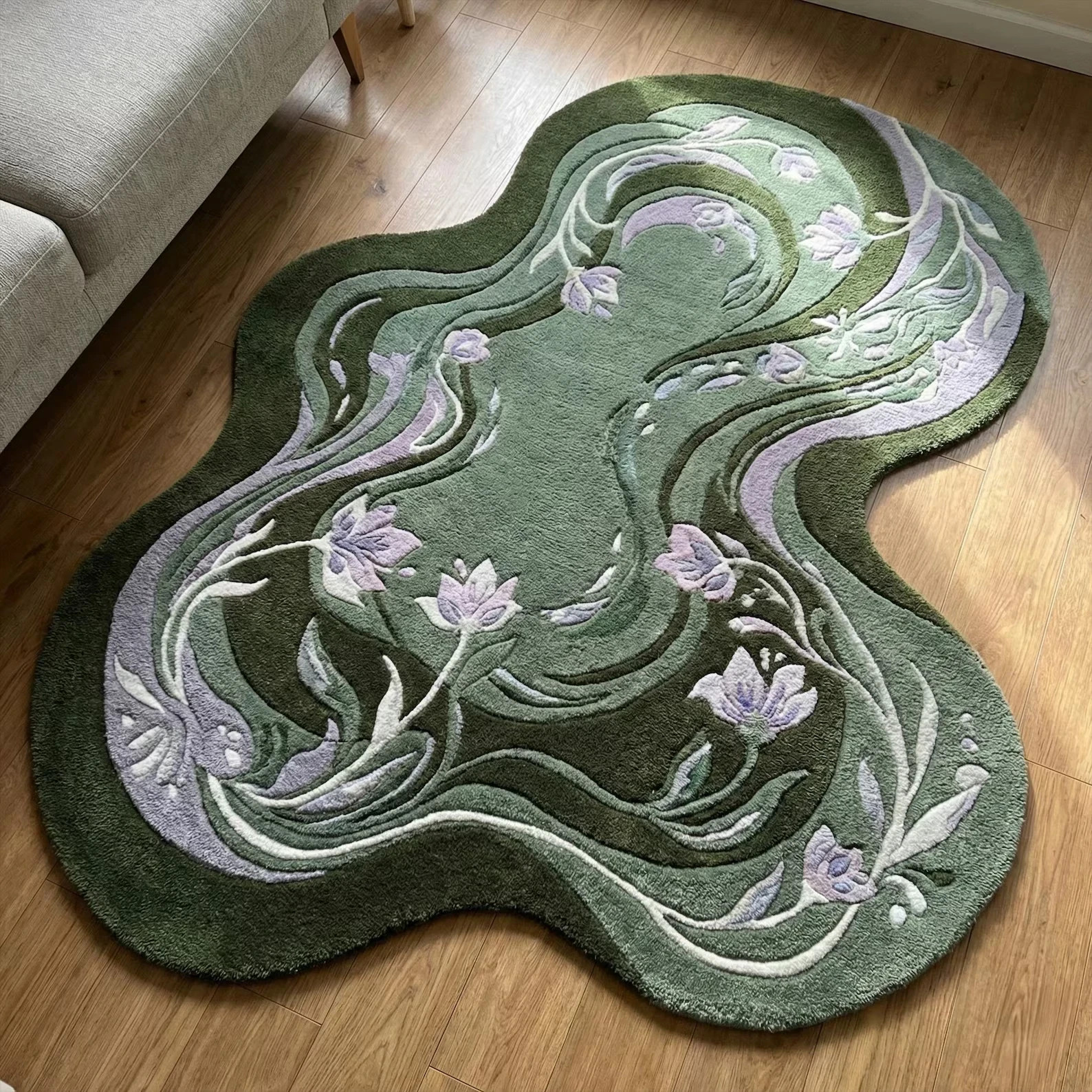 Whimsical Boho Green Lilac Flower Asymmetrical Tufted Area Rug 8×10 Nursery Deco