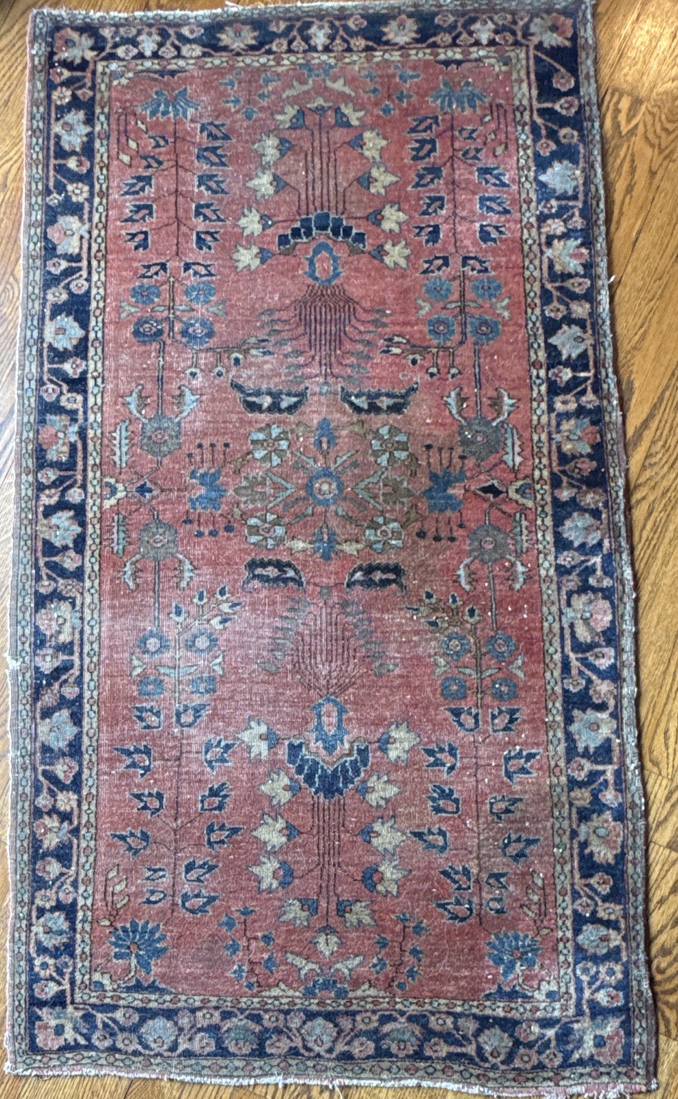 Vintage Hand-Knotted Hamadan Runner Rug 31 x 57 in Rust Blue Floral Tribal