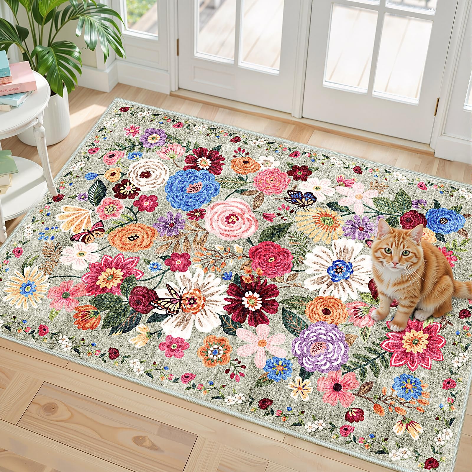 Floral Rug for Entryway, Green 2X3 Washable Kitchen Mat Ultra-Thin Soft, Non-…