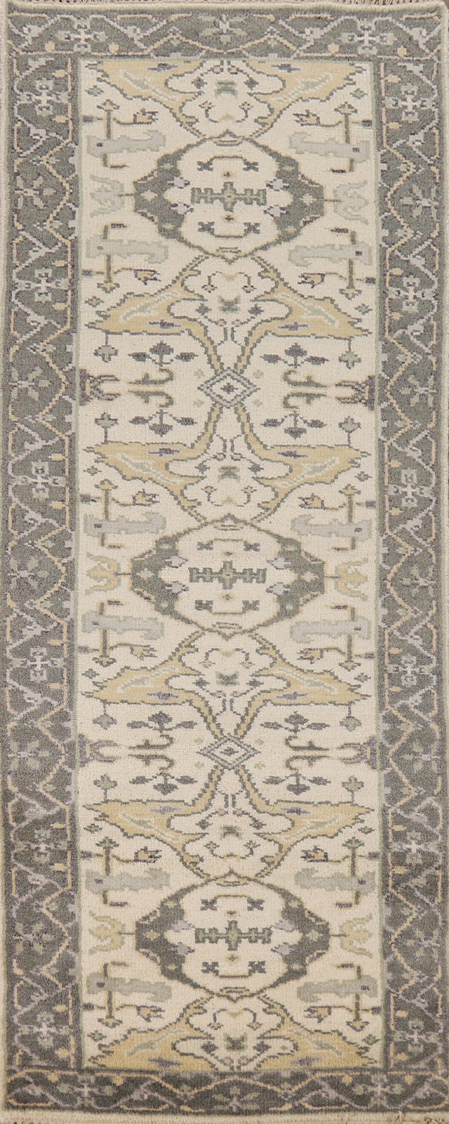 Bohemian Oushak Indian Runner Rug Hand-Knotted Beige & Ivories