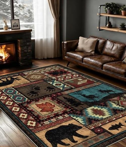 Rustic Cabin Area Rug 5×7,Machine Washable Lodge Bear Rug,Non-Slip Low Pile