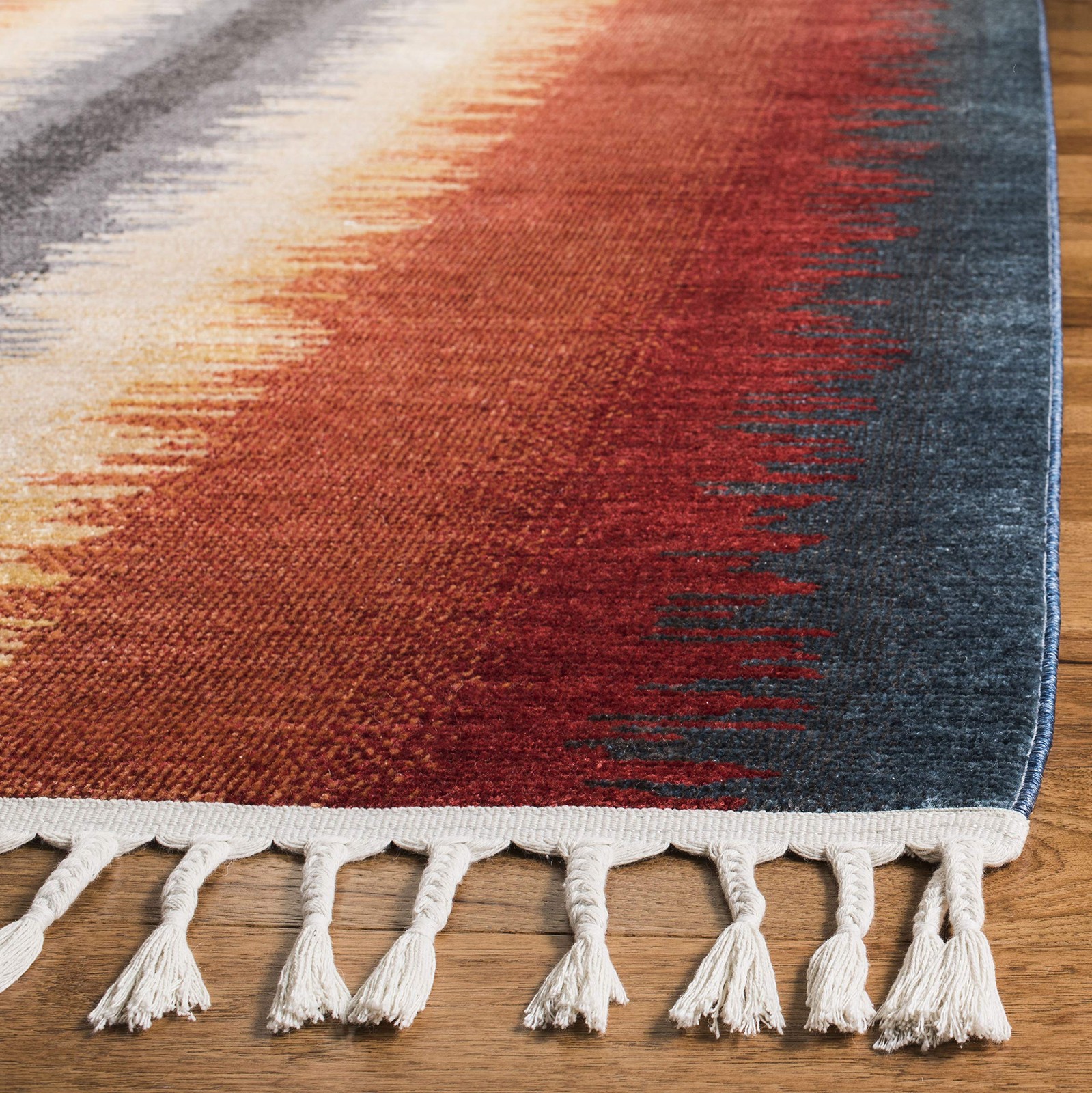 Farmhouse Collection 5’1″ x 7’3″ Navy / Orange FMH824N Boho Stripe Tassel Are…