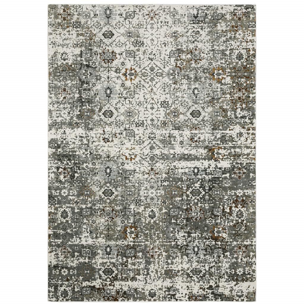 6′ X 9′ Ivory Grey Charcoal Rust Gold And Brown Oriental Power Loom Stain