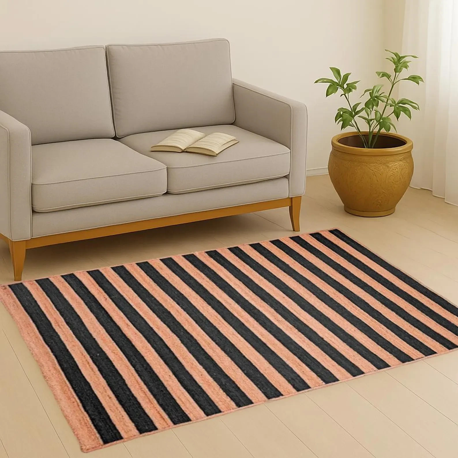 Handwoven Cotton Jute Rug Color Natural Black Handmade Design Carpet Rug