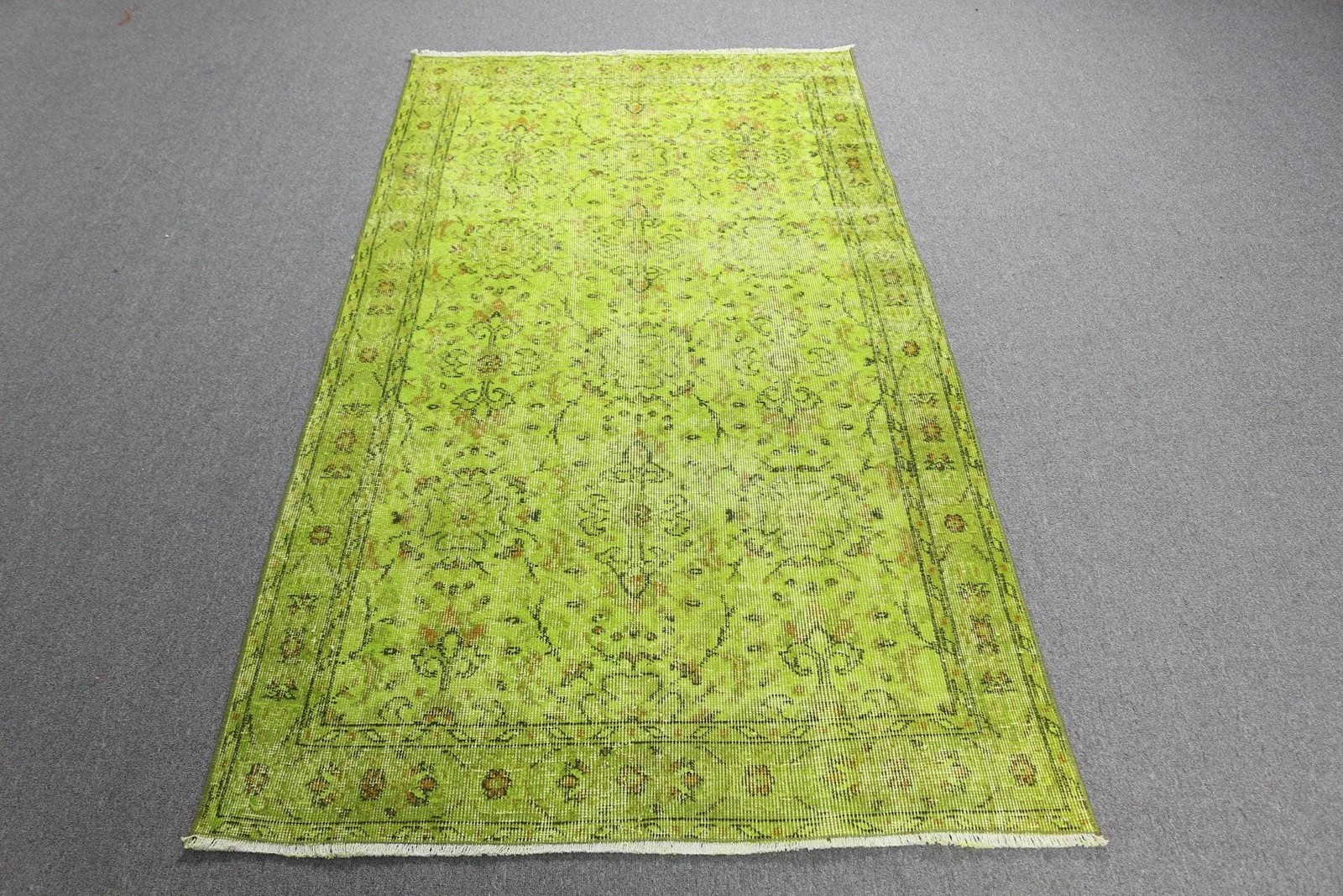 Vintage Area Rug, 3,7×6,9 ft Turkish Rug, Green Wool Rug