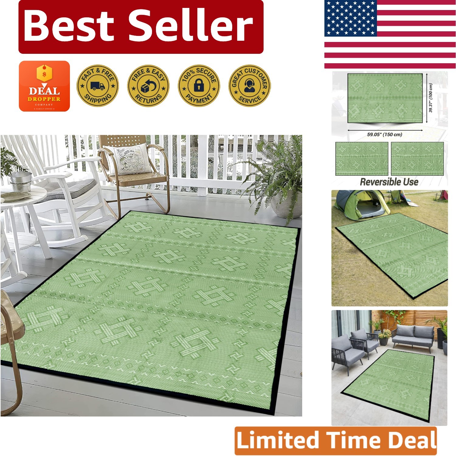 Stylish Recycled Plastic Outdoor Rug 5′ x 3.3′ – Perfect for Gardens & Balconies