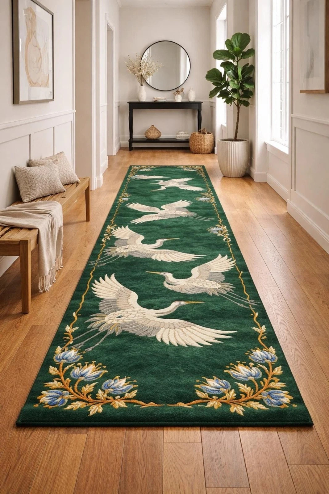 Hand Tufted Crane Runner Rug, Emerald Green New Zealand Wool Hallway Carpet Rug