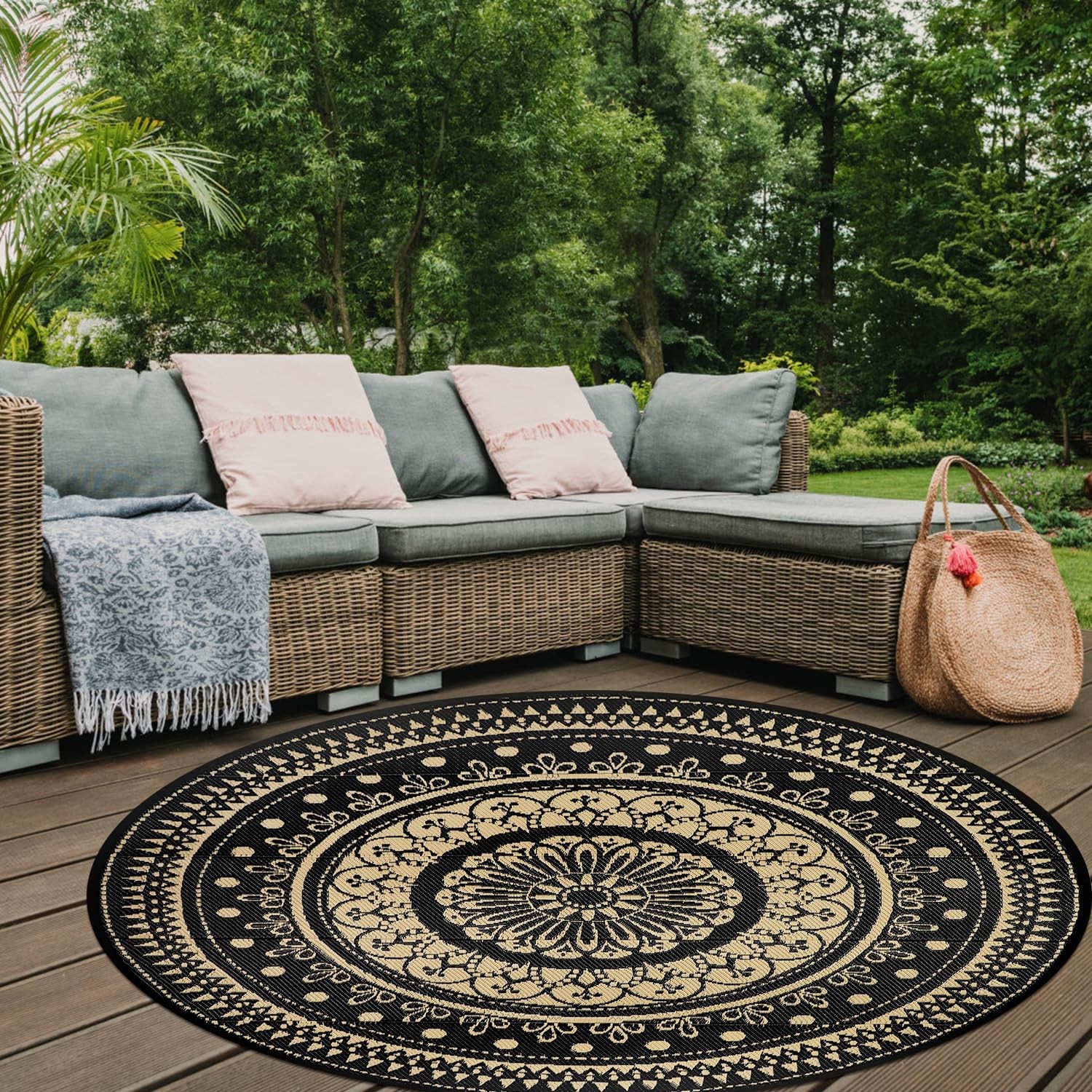 Round Outdoor Rugs Waterproof 6Ft Reversible Outdoor Patio Rugs Portable RV C…