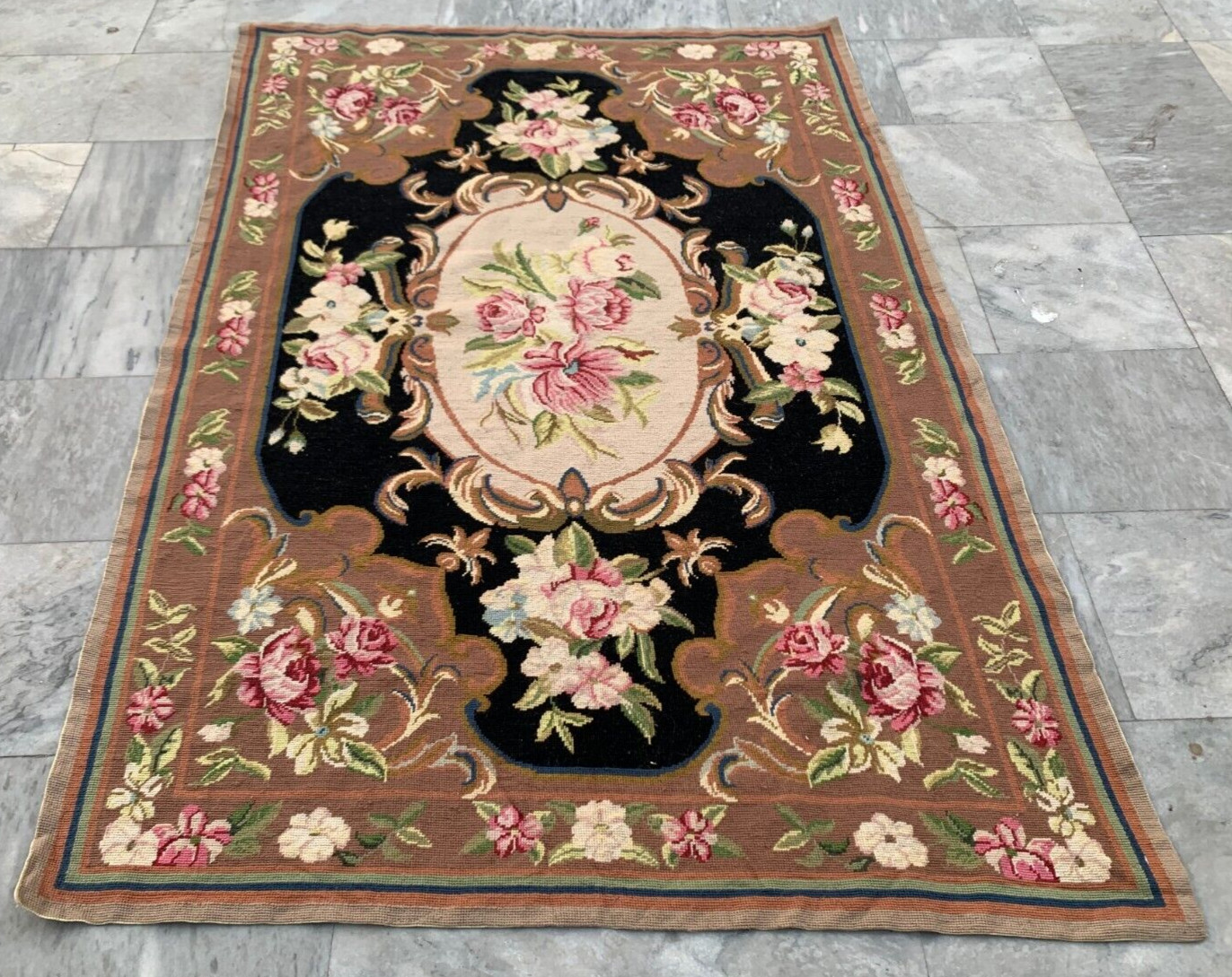 Vintage French Style Aubusson Rug Needlepoint Chain stitch Rug 4×6 ft Free Ship