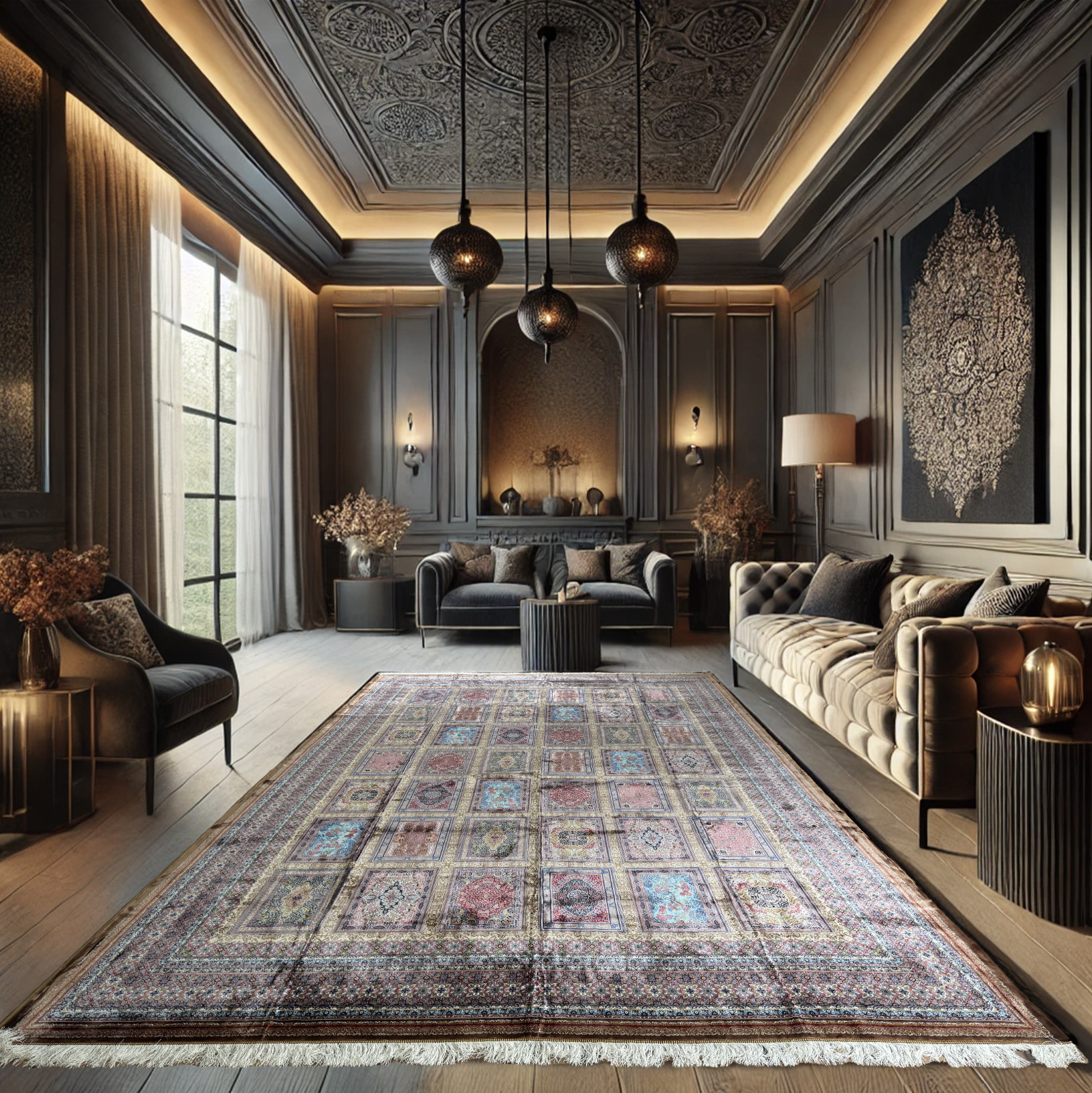 Authentic Kashmiri 9×12 ft Hand-Tufted 100% Natural Silk Carpet