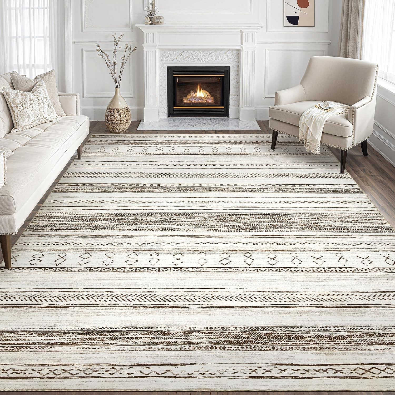 8×10 Cream Brown Washable Large Soft Boho Moroccan Living Room Area Rug