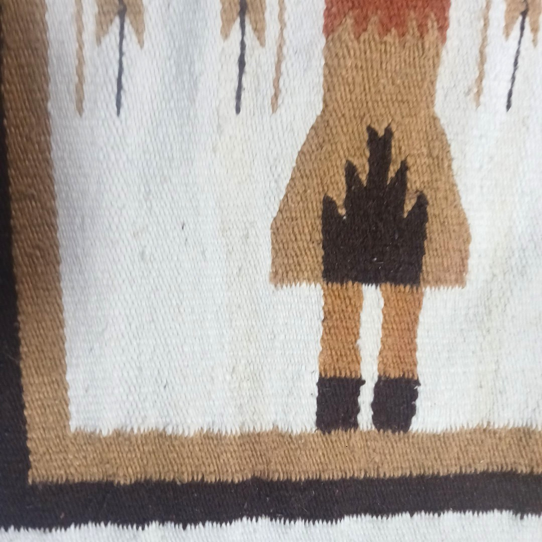 Imported Yei Wool Rug 5 figures Gold Brown White Cotton/Poly 60×27.5