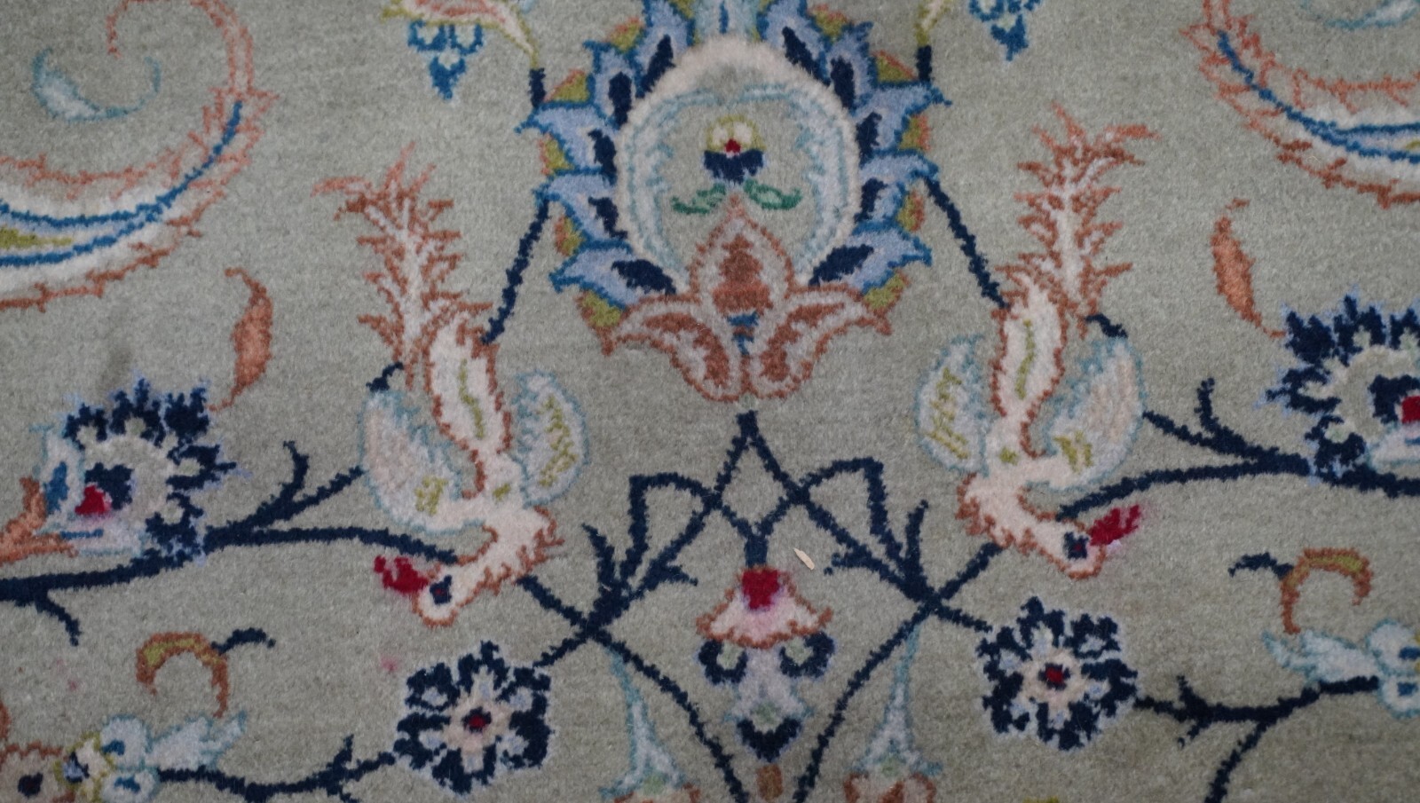 Antique Kashann Signed Birds Hand Knotted Pistachios Green Wool Rug 9’7″ x 13’5″