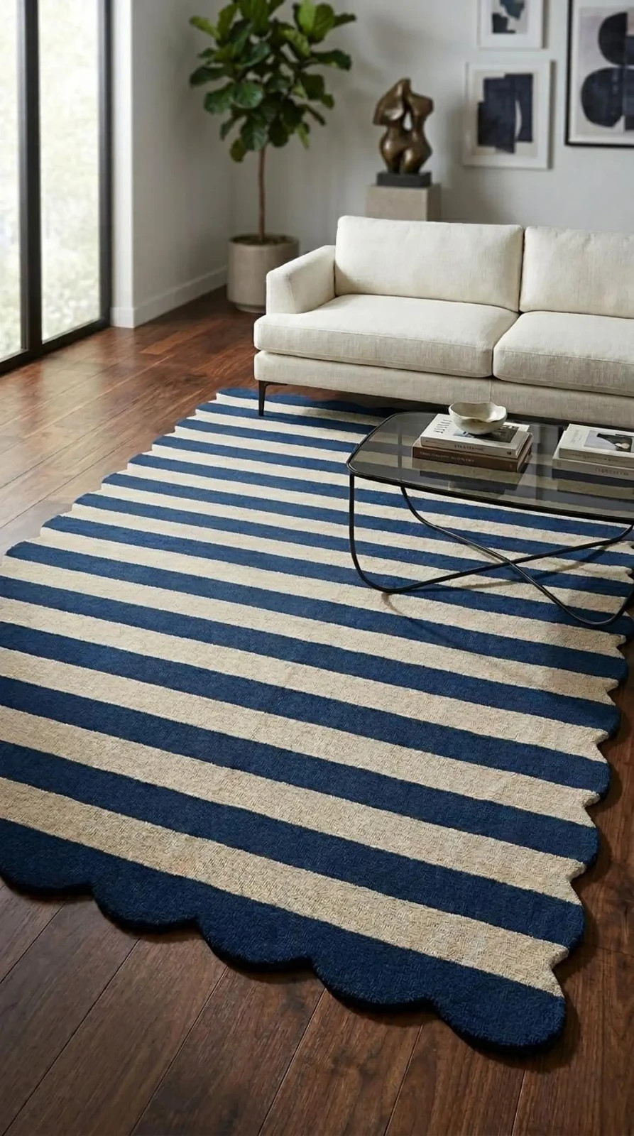 Hand Tufted Wool Scalloped Stripe Rug, Blue Cream Area Rug, Modern Coastal Rug,