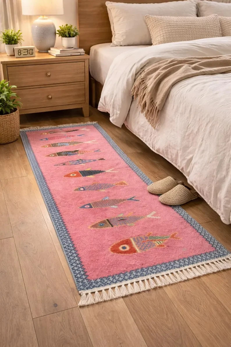 Handwoven Runner Wool Kilim Rug Color Pink Multi Design Carpet Rug