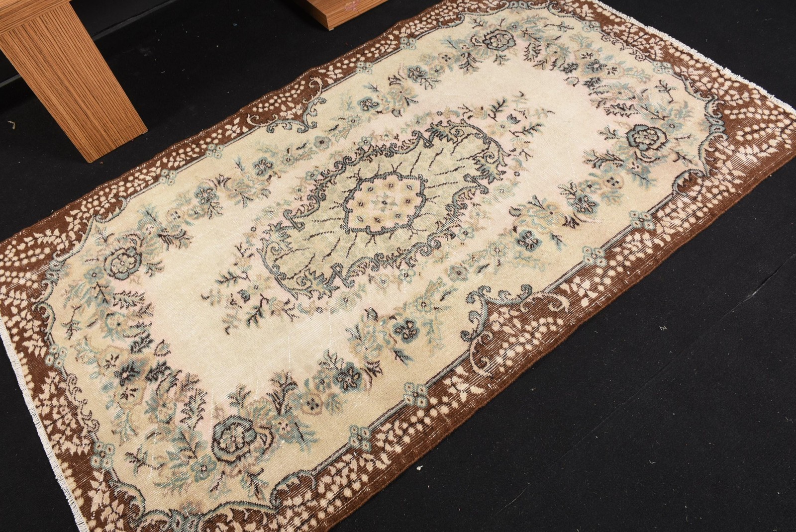 3,8×6,46 ft Area Vintage Rug, Turkish Rug, Brown Blue Ikat Wool Rug