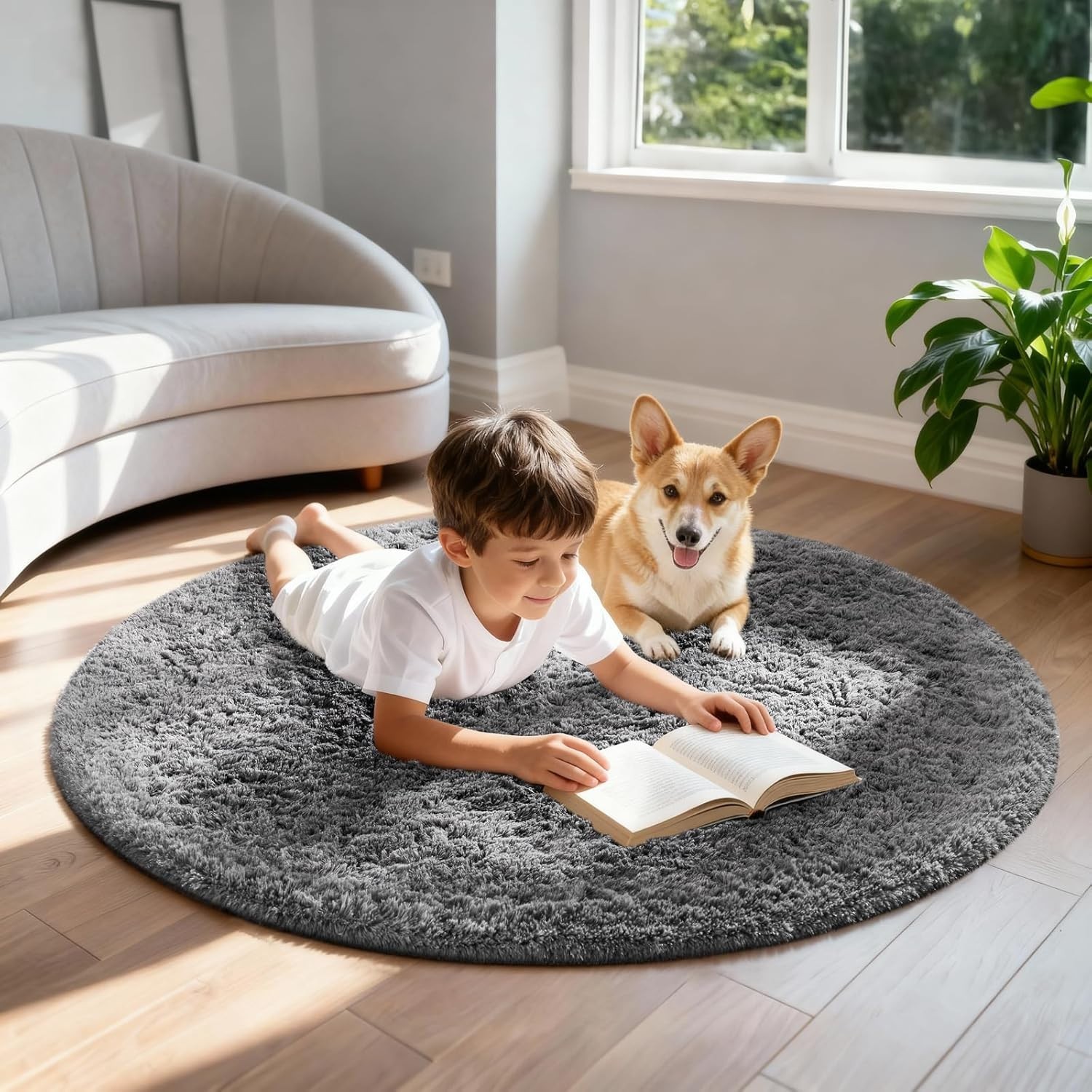 Soft Polyester 4Ft Round Rug – Modern Grey Shagged Carpet for Living Rooms