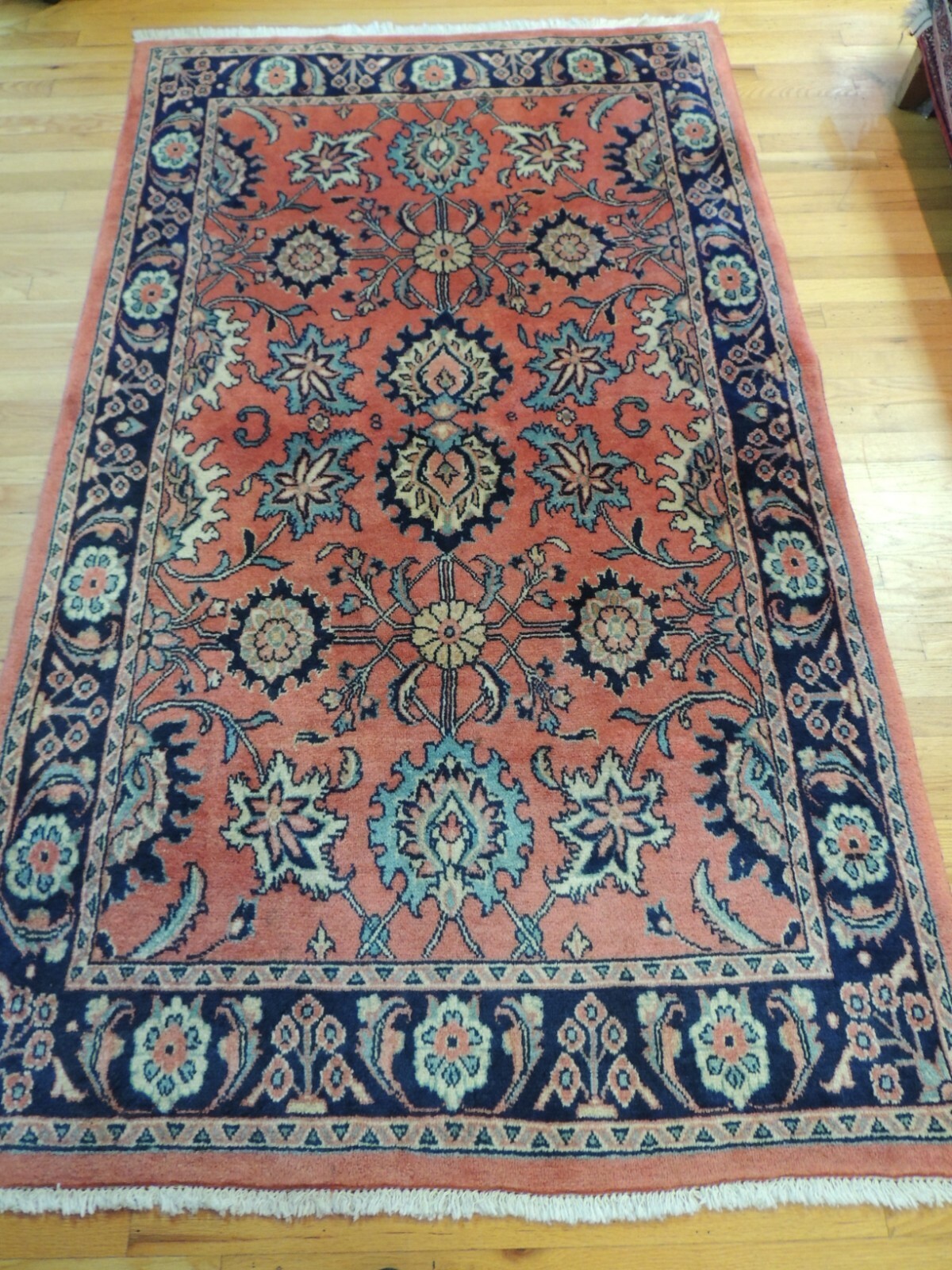 5×7 4×7 Mahal Oriental wool Red Coral Blue Navy Hand Knotted Semi Antique