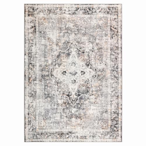 Washable Area Rug Gray Vintage Floral Print Nonslip Thin Foldable 5×7 Grey