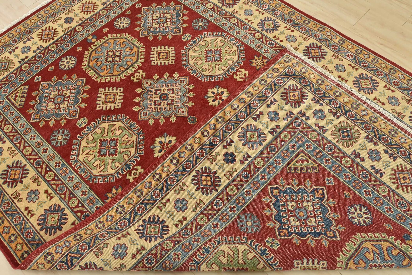 Kazak Rug 6’1” x 9’1” Red Wool Tribal Hand-Knotted Oriental Carpet
