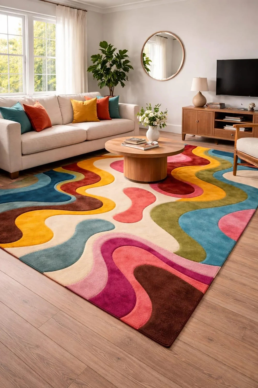 Modern Abstract Wave Pattern Area Rug – Colourful Hand Tufted