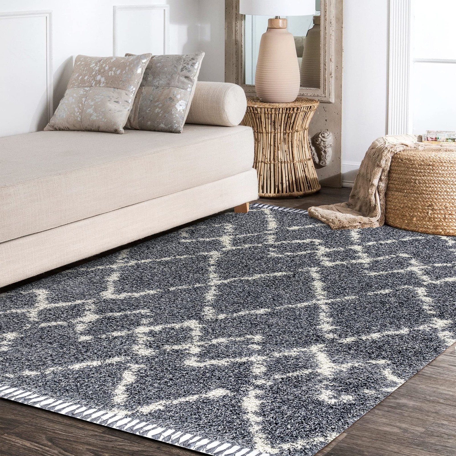 Jonathan Y Mercer Shag Plush Tassel Blue/Cream Indoor Area Rug 5X8 Moroccan
