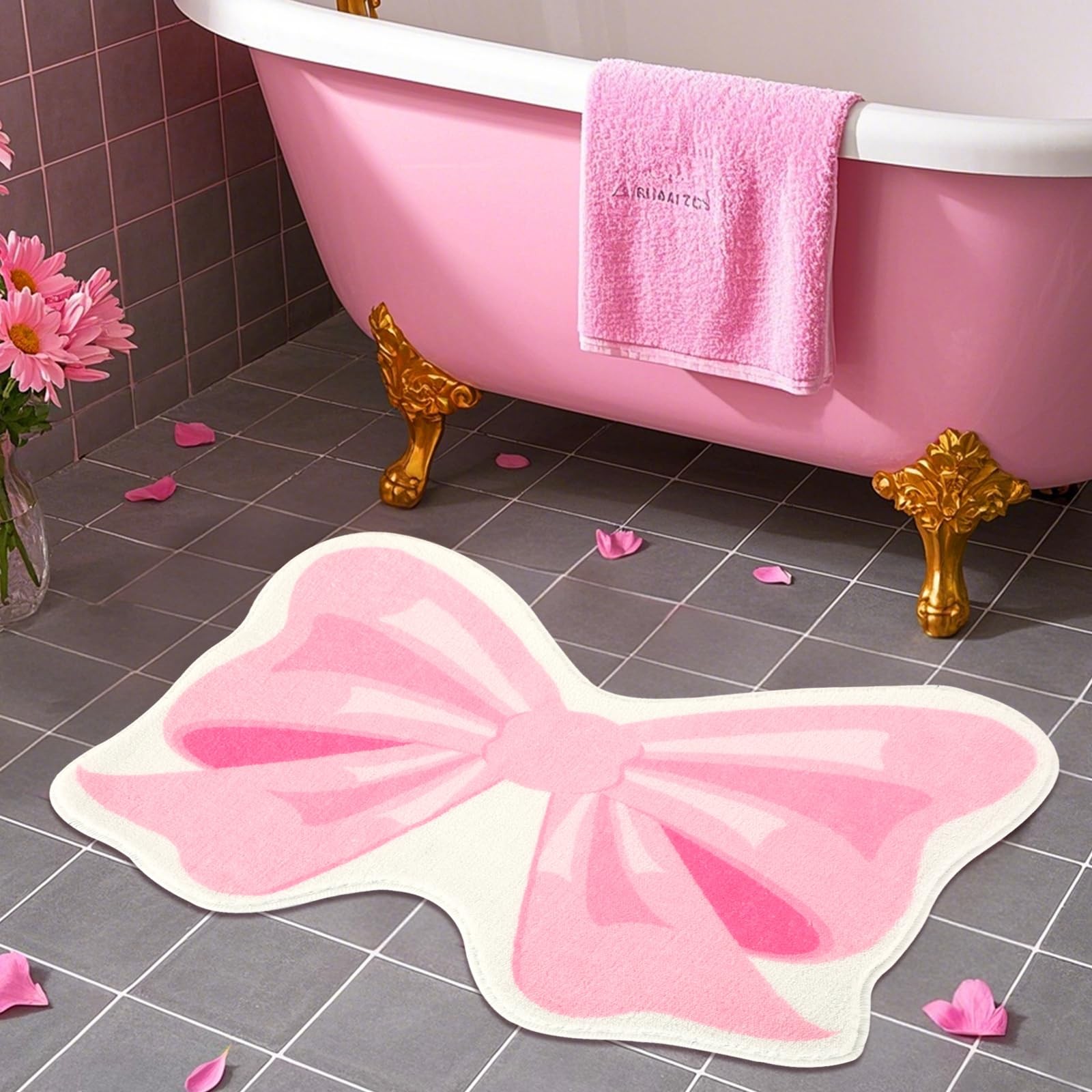 27.6×21.3 Inch Pink Bow Bathmat Rug Non Slip Coquette Aesthetic Carpet Decor