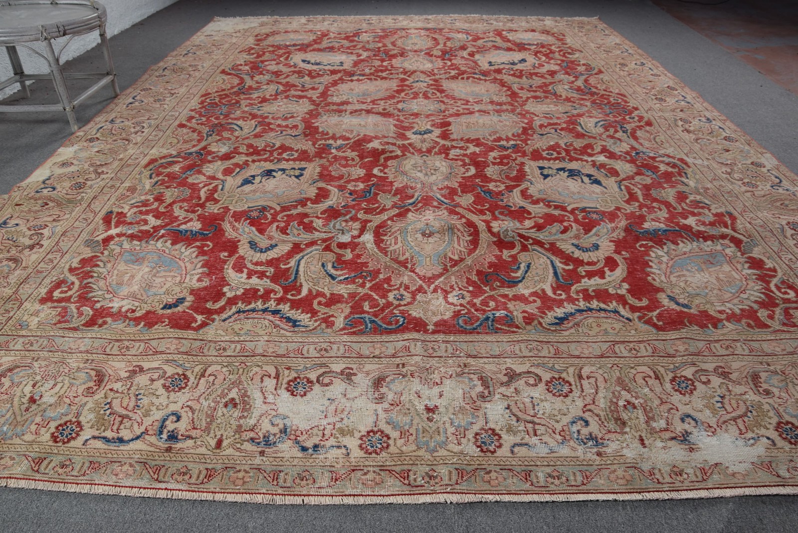9,4×13,4 ft Turkish Rug, Vintage Oversize Rug, Red Blue Oriental Wool Rug
