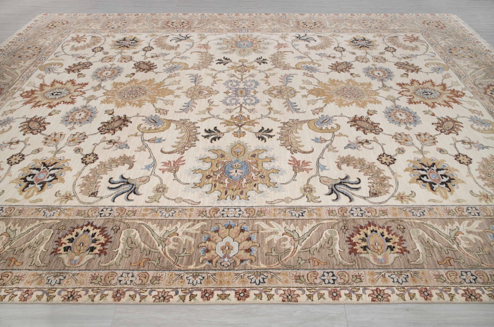 10×14 Ivory Light Brown Peshawari Reproduction Fine Quality Wool Handmade Rug