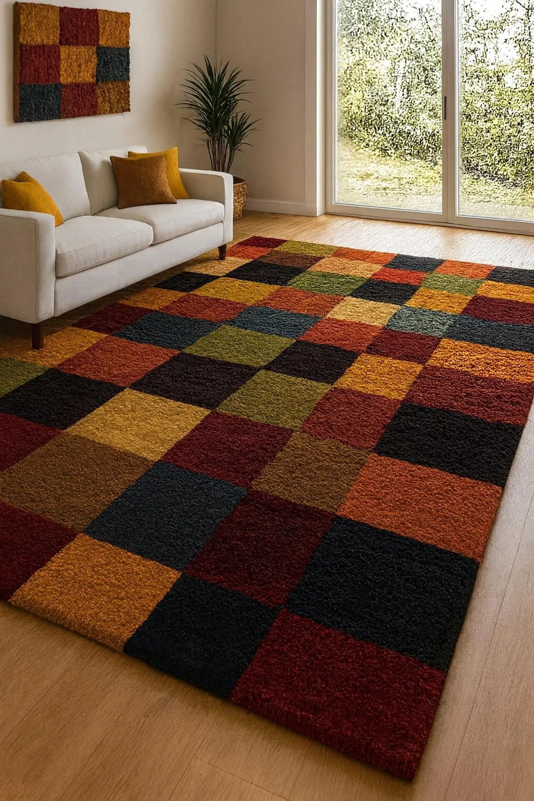 Hand Tufted Autumn Mosaic Wool Rug Warm Brown, Rust & Gold Geometric Carpet