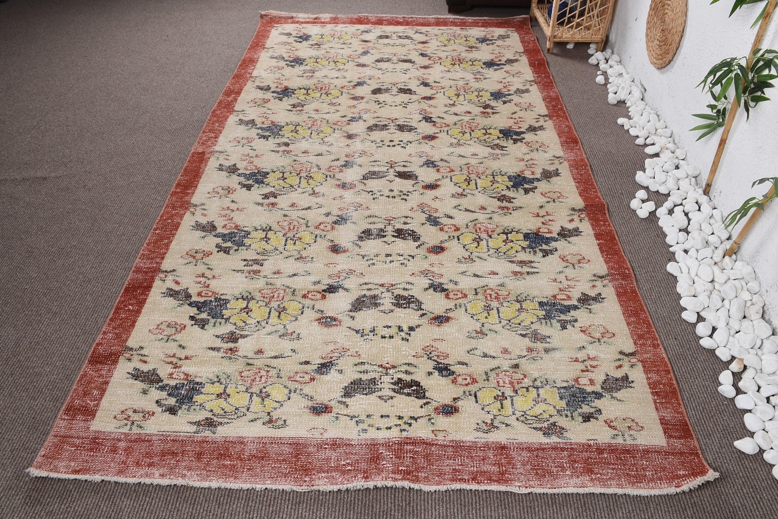 Turkish Vintage Rug, 5,1×9,4 ft Large Rug, Beige Check Rug