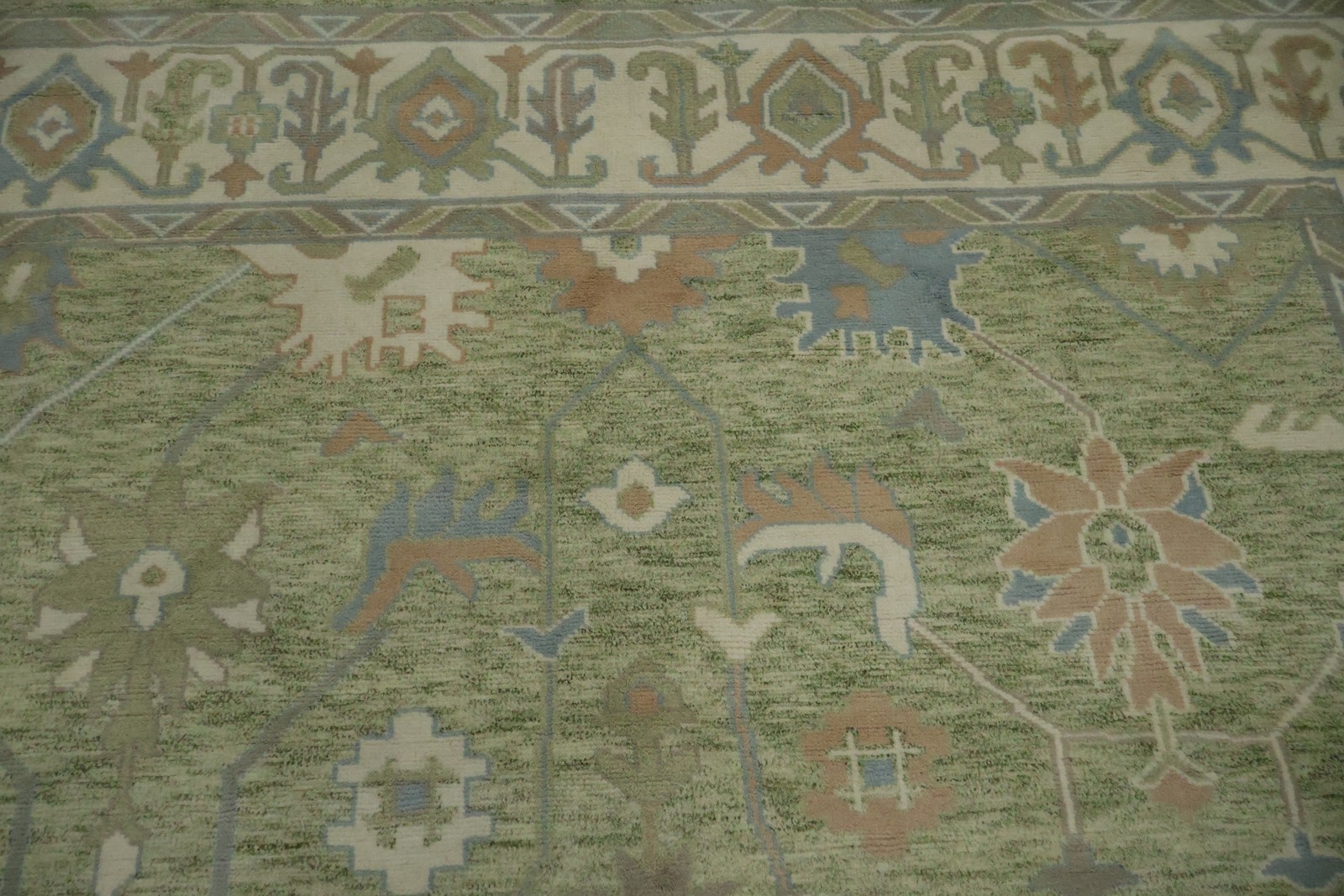 Green Traditional Oushak Area Rug 9×12 Ft Floral Handmade Oriental Wool Carpet