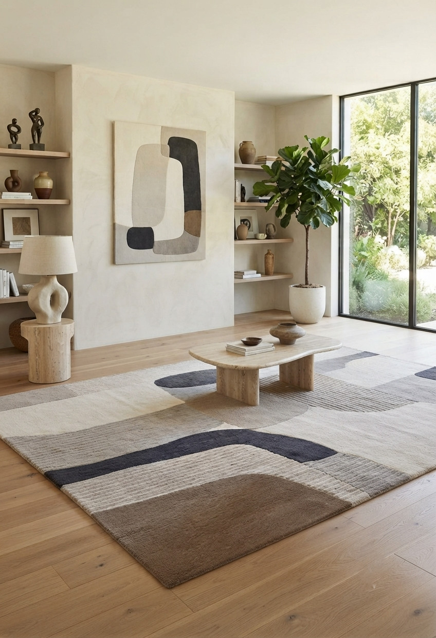 Modern Abstract Wool Rug 5×8 Geometric Multi Color Retro Area Rug Living Room
