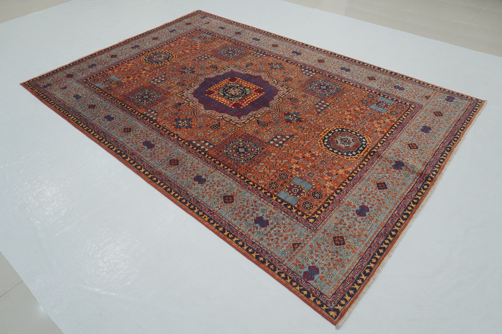 6×9 ft Orange Mamluk Afghan Hand Knotted Wool Medallion Rug