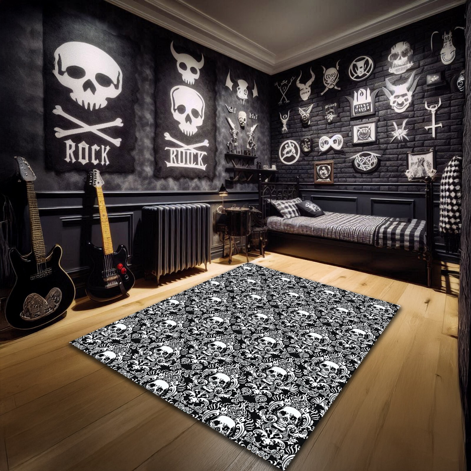 Gothic Style Damask Rug Skull Pattern Black Skeleton Carpet Gothic Girl Room