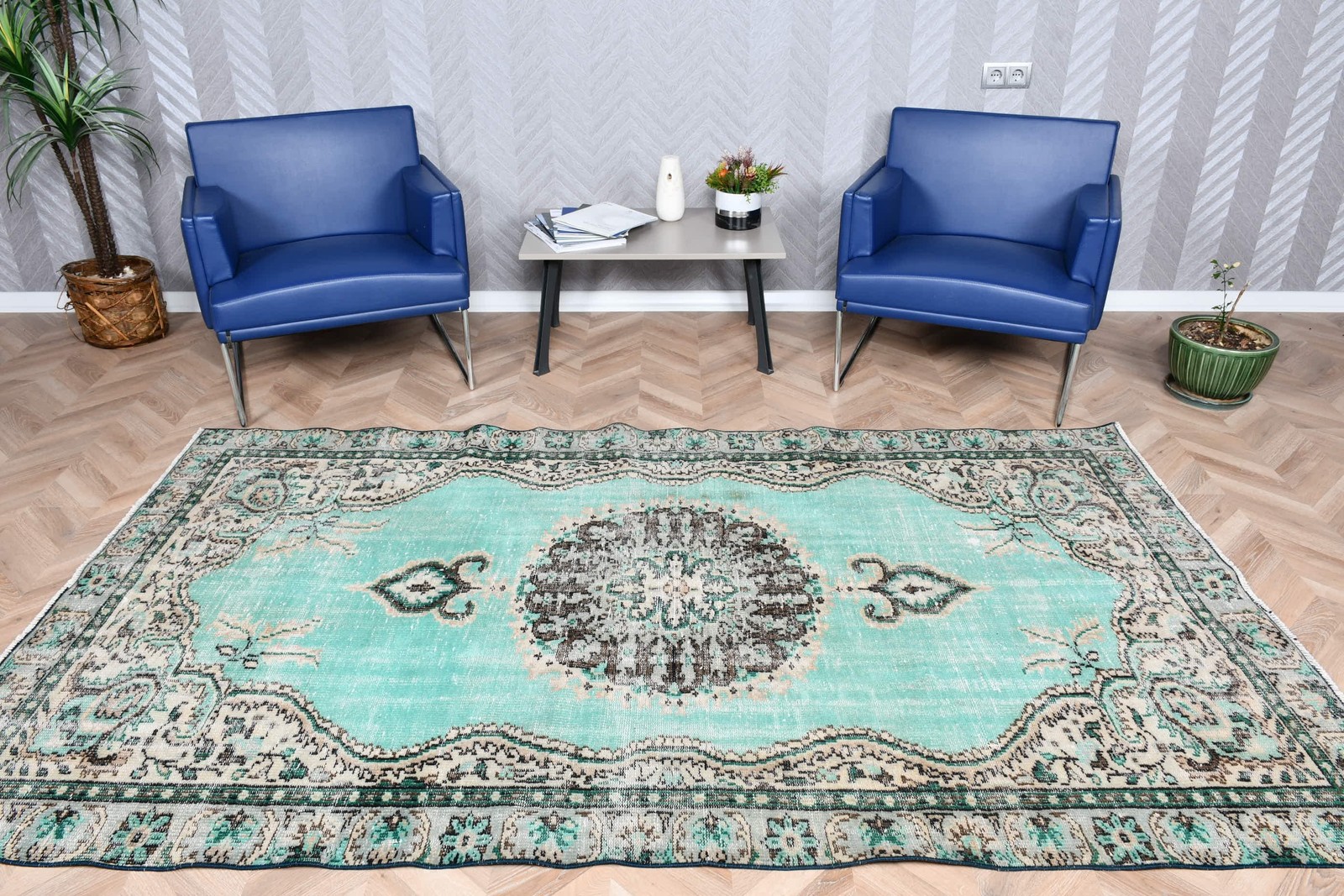 4,9×8,7 ft Vintage Rug, Green Plants & trees Turkish Wool Rug