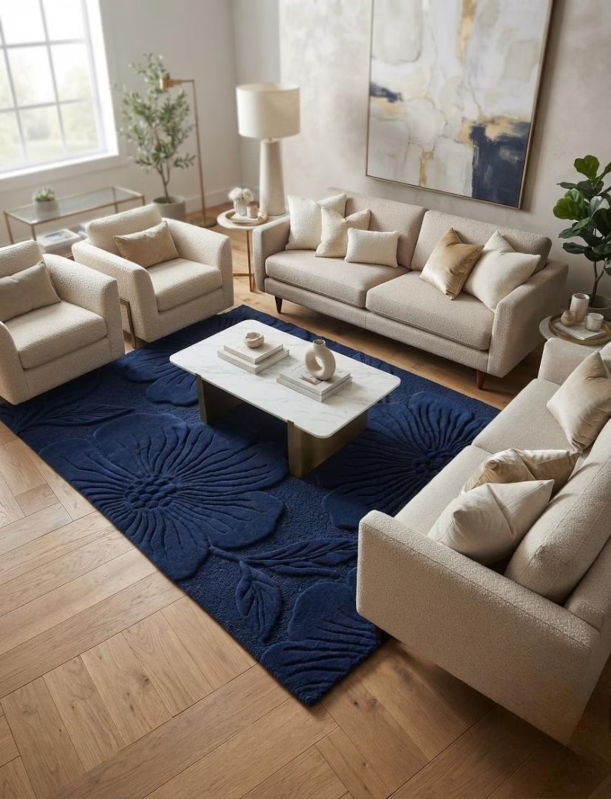 Hand Tufted Navy Blue Floral Carved Rug, Modern Abstract Living Room Carpet 6×9