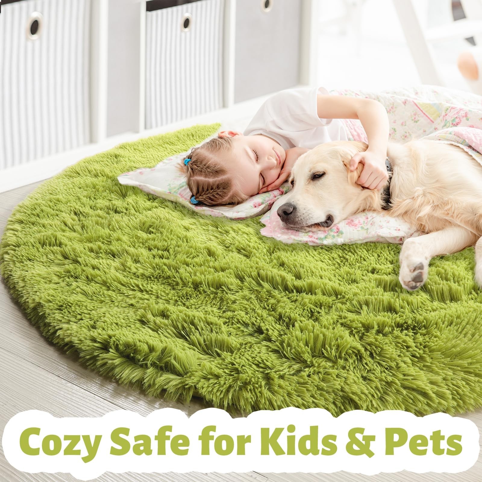 Grass Green Round Rug 4Ft for Bedroom, Fluffy Shag Circle Area Rugs for Kids …