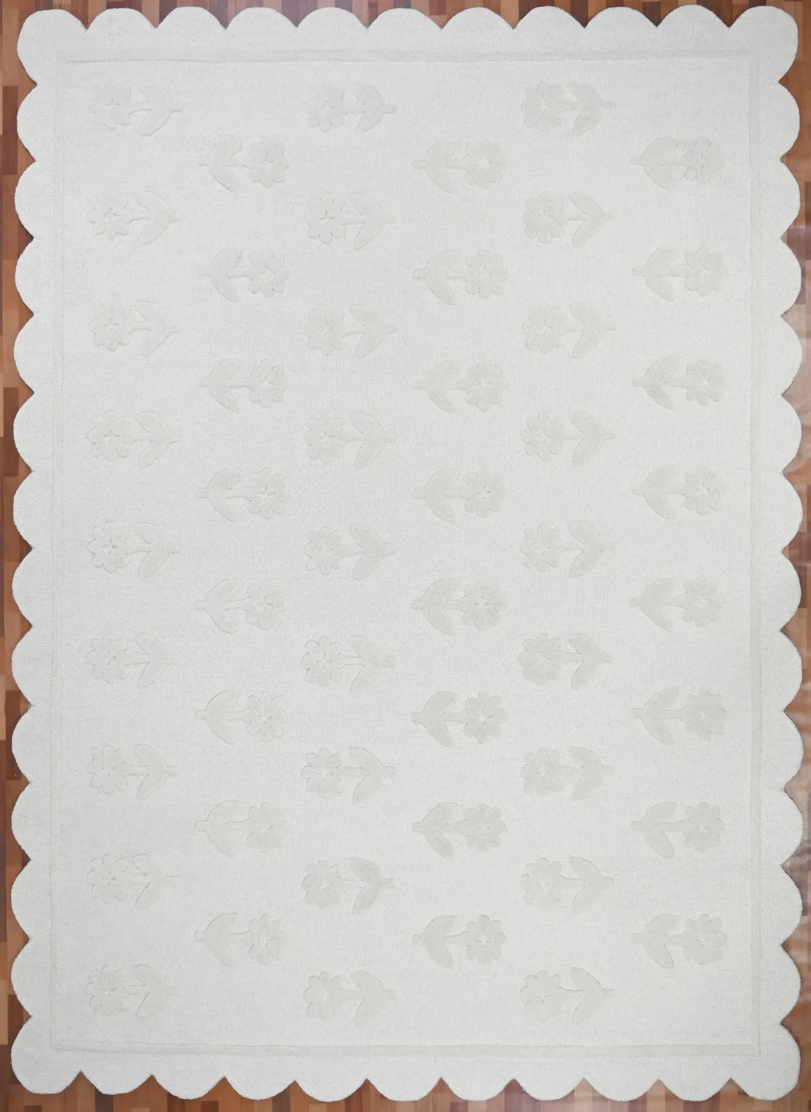 Handmade Hand Tufted Kids Rug, Cream Floral Nursery Rug, Scalloped Edge 8×10