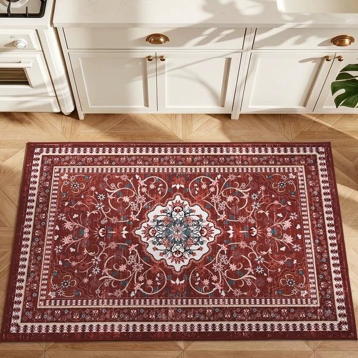 BLEUM CADE 2′ x 3′ Red Boho Kitchen Rugs, Washable Low Pile Door Mat Indoor E…