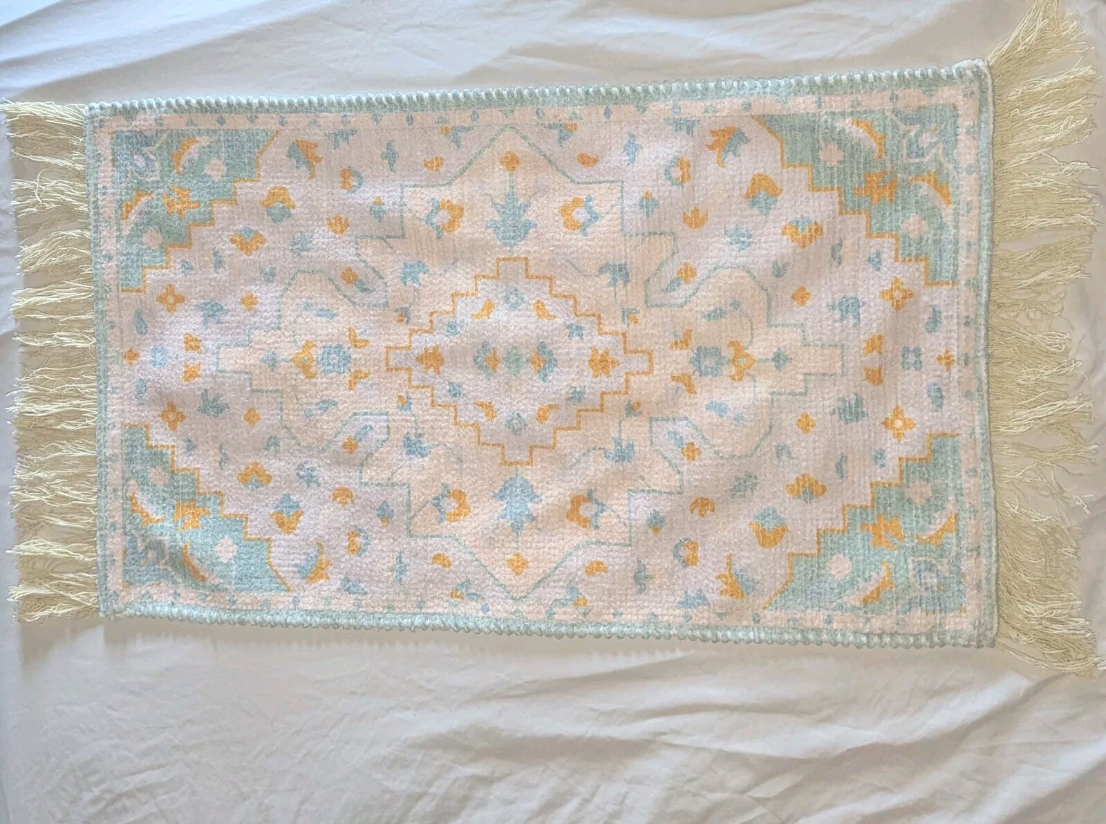 ANTHROPOLOGIE Boho 21″ by 43″ Area RUG Fringed Yellow Teal Cream Blue