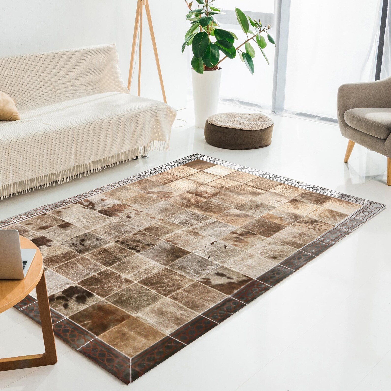 Handmade Beige Cowhide Patchwork Rug Hair on Hide Leather Area Rug Border Design